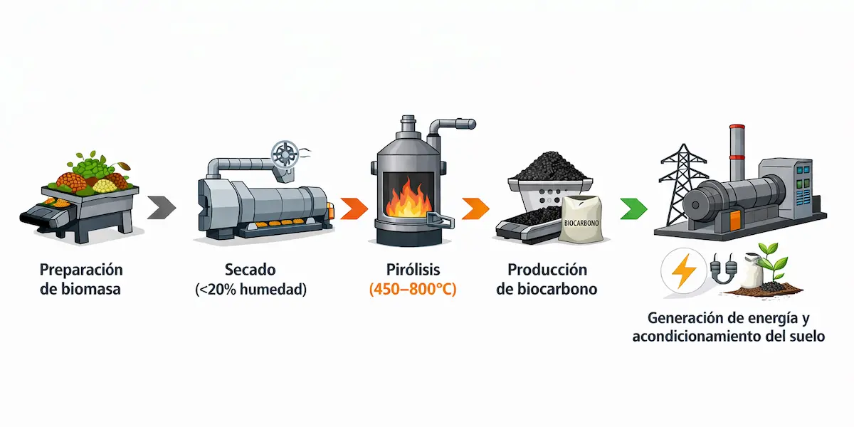 proceso de pirólisis biomasa producción biocarbono y acondicionamiento del suelo